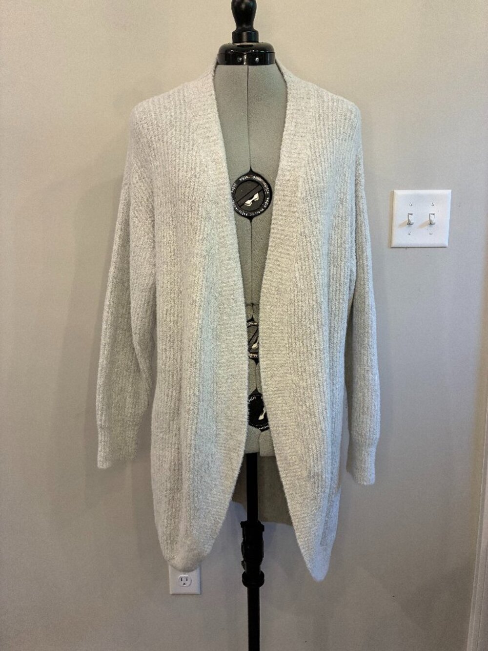 Fable Ivory Grey Longline Knit Cardigan Open Front Cozy S/M 0382